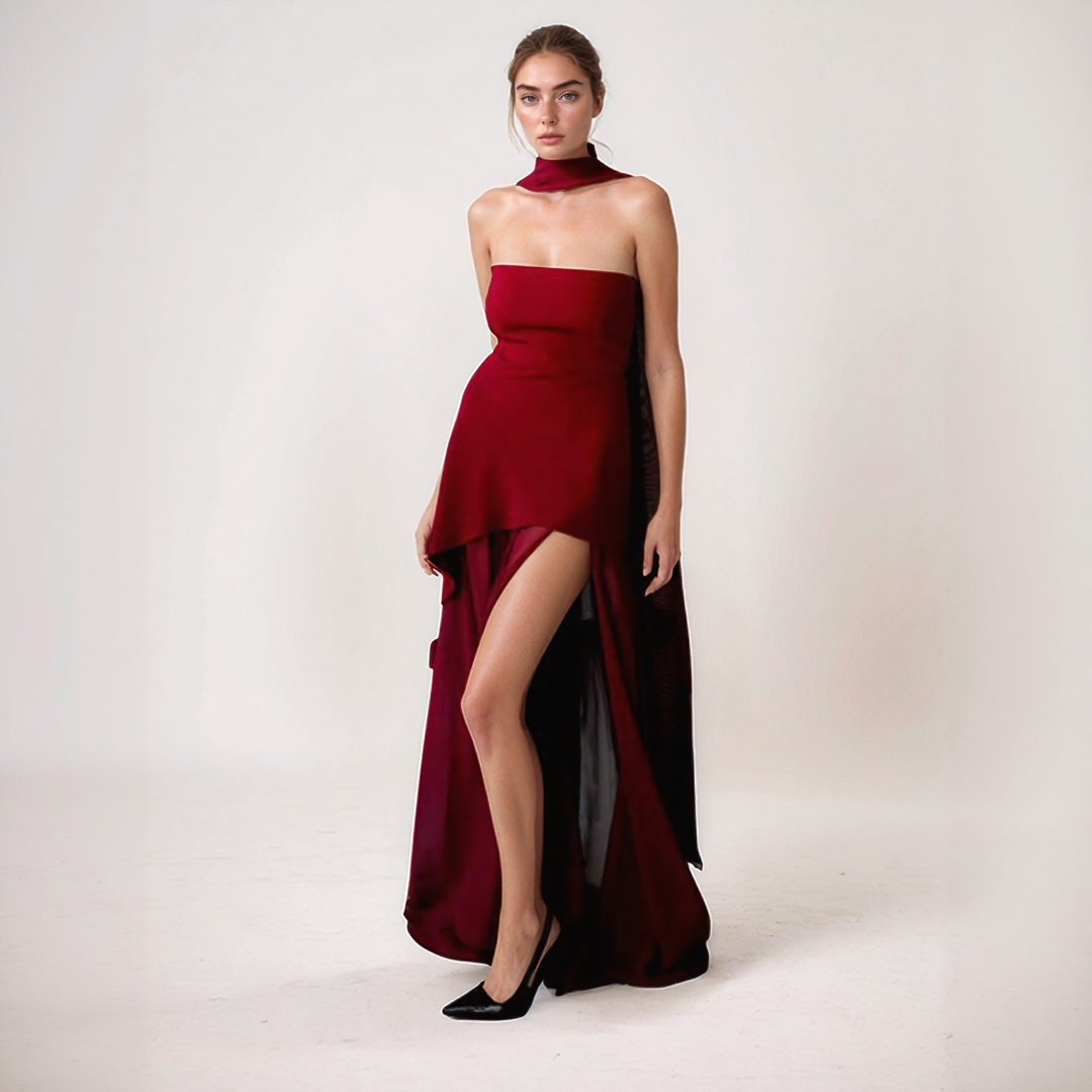 Nelly | Hosszú Elegáns Ruha – Aszimmetrikus Kivágás és Beépített Sál