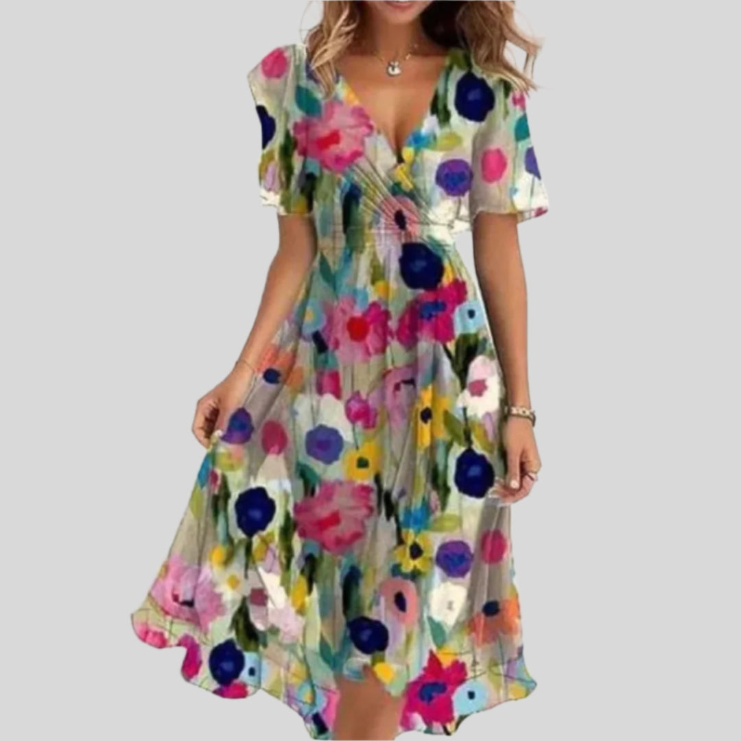 Elodie | Rochie Fluidă cu Imprimare Florală și Guler în V 