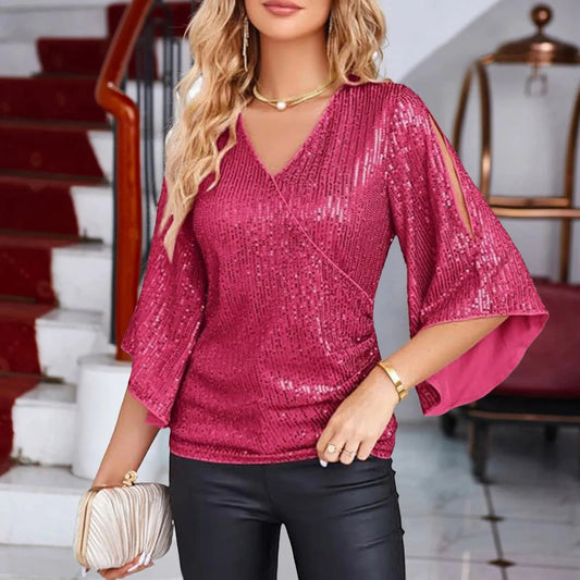 Céline | Glamour Blouse – Uitlopende Mouwen En Sprankelende Details 