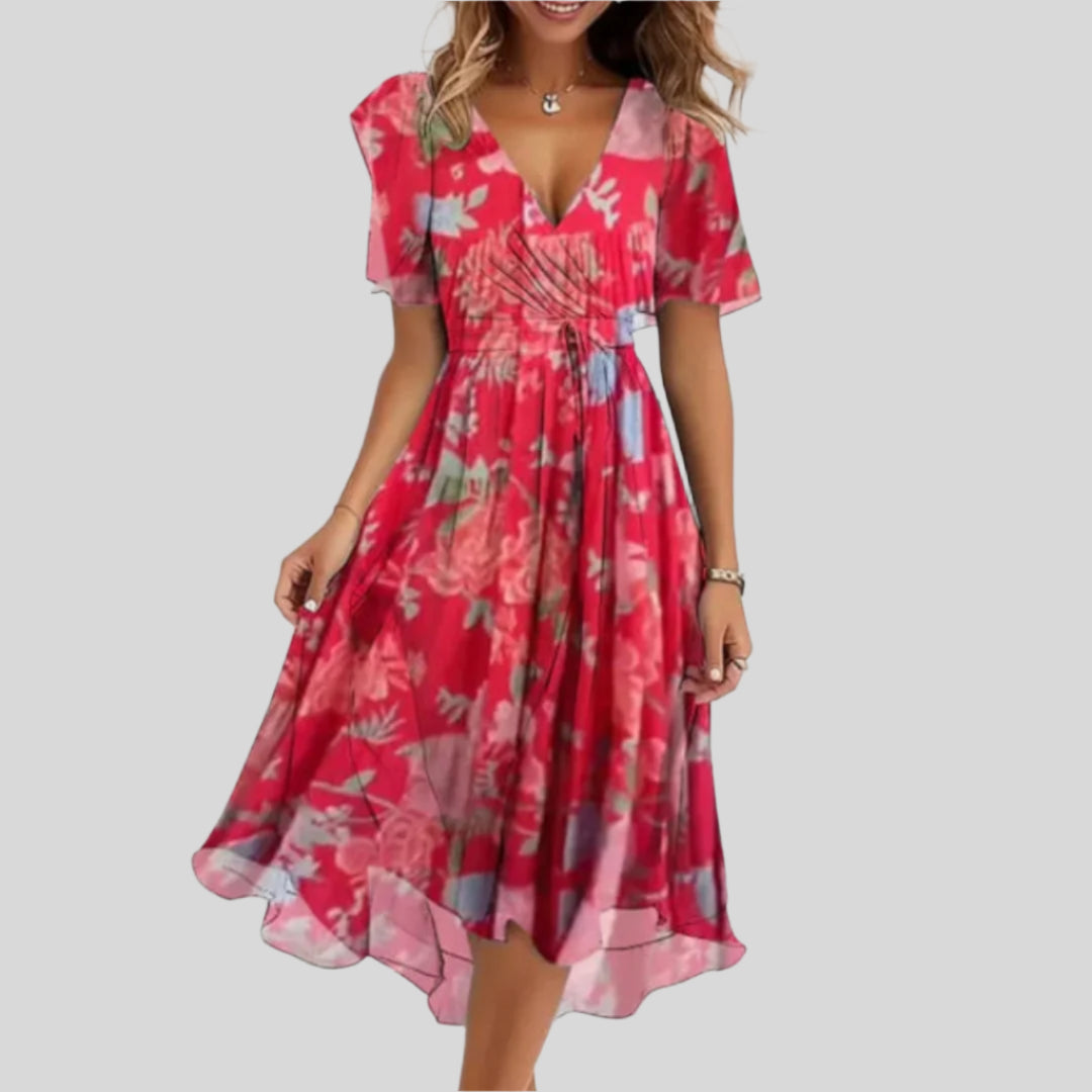 Elodie | Rochie Fluidă cu Imprimare Florală și Guler în V 