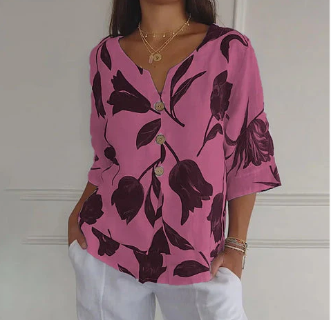 Jeanne | Elegant Floral Blouse – Central Buttoning and Short Sleeves 