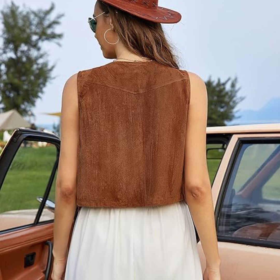 Eva | Jachetă Scurtă Fără Mâneci – Look Vestern și În Tendințe 