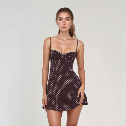 Beatrice | Rochie Scurtă Cu Puncte – Model Ciocolată Pentru Un Stil Vintage Chic 