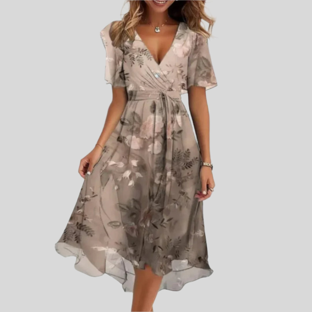 Elodie | Rochie Fluidă cu Imprimare Florală și Guler în V 