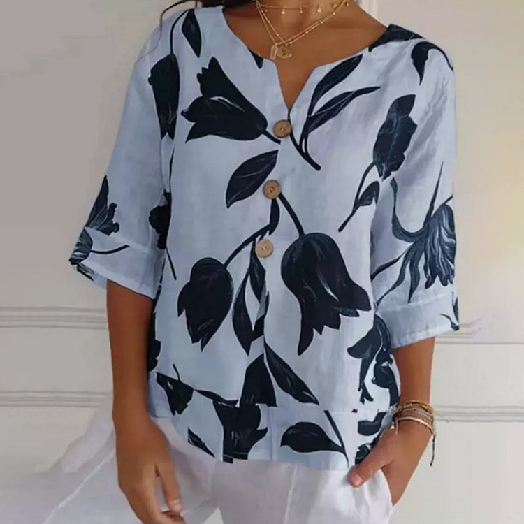 Jeanne | Elegant Floral Blouse – Central Buttoning and Short Sleeves 