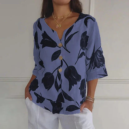 Jeanne | Elegant Floral Blouse – Central Buttoning and Short Sleeves 